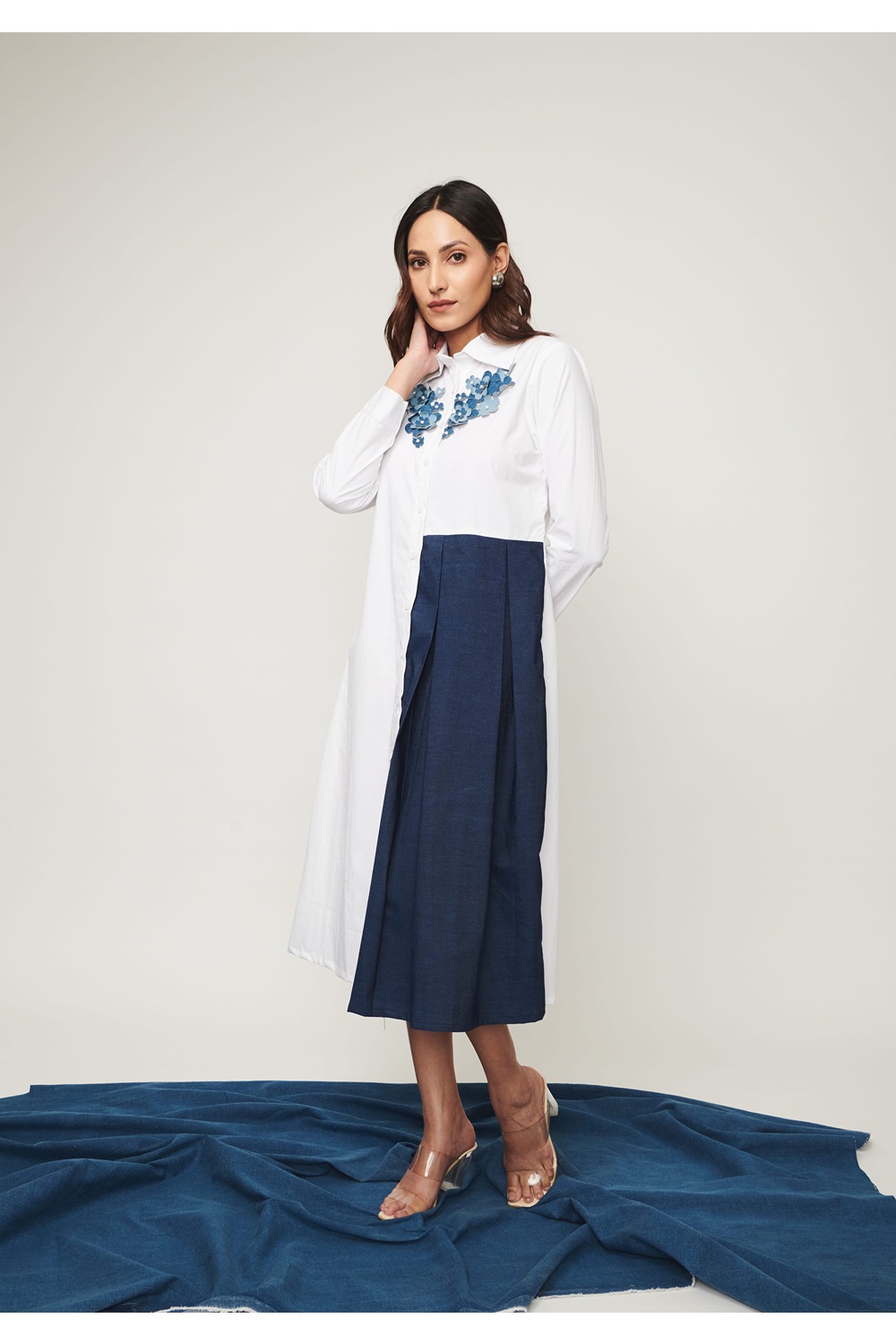 Weaving Cult White Button Down Dress With Denim Panel