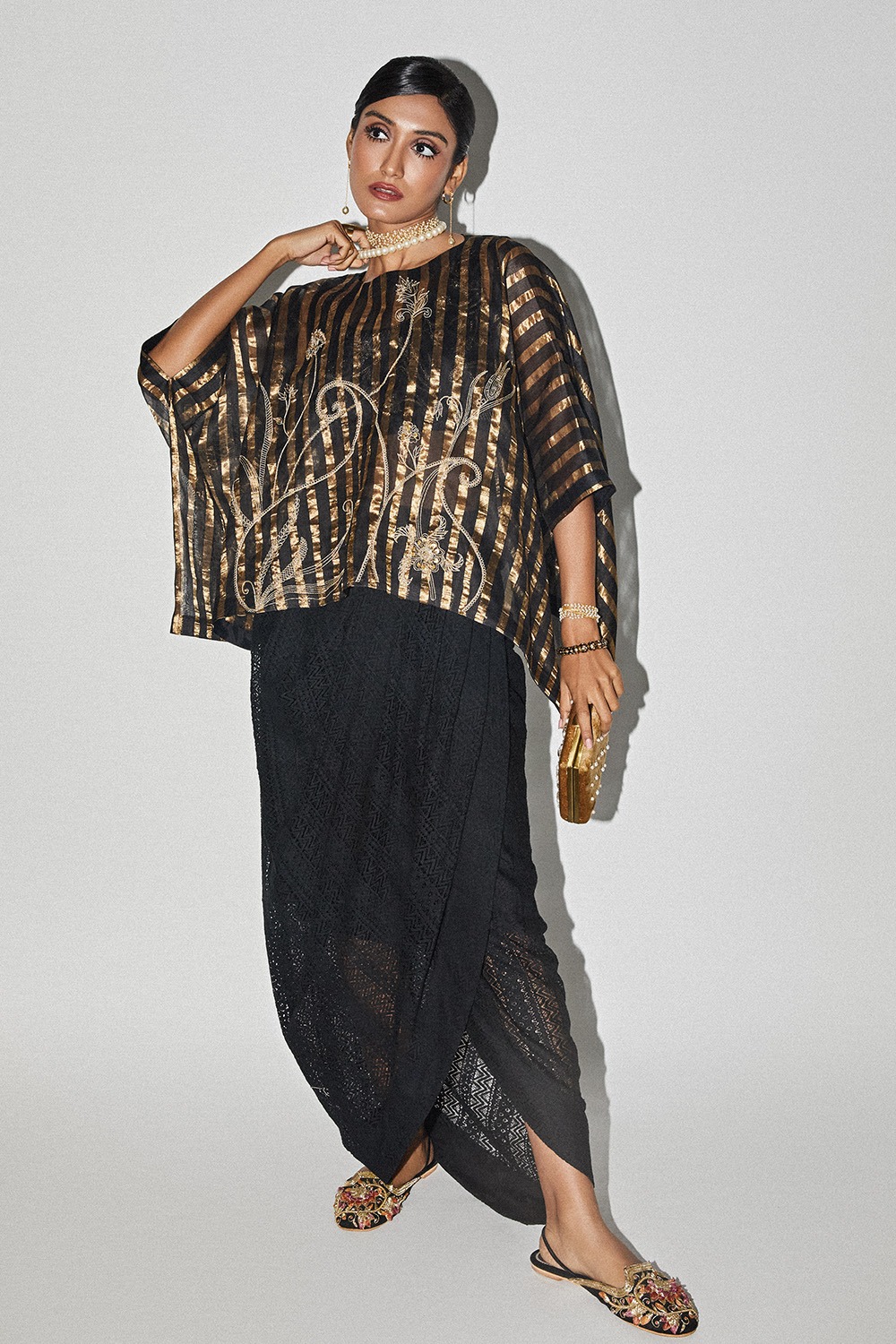 Black & Gold Embroidered Kaftan Top & Lace Skirt Set