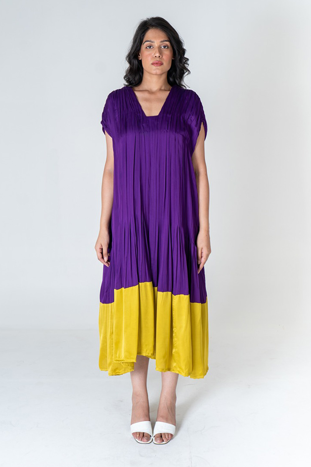 Purple-Yellow Color-Blocked Dress