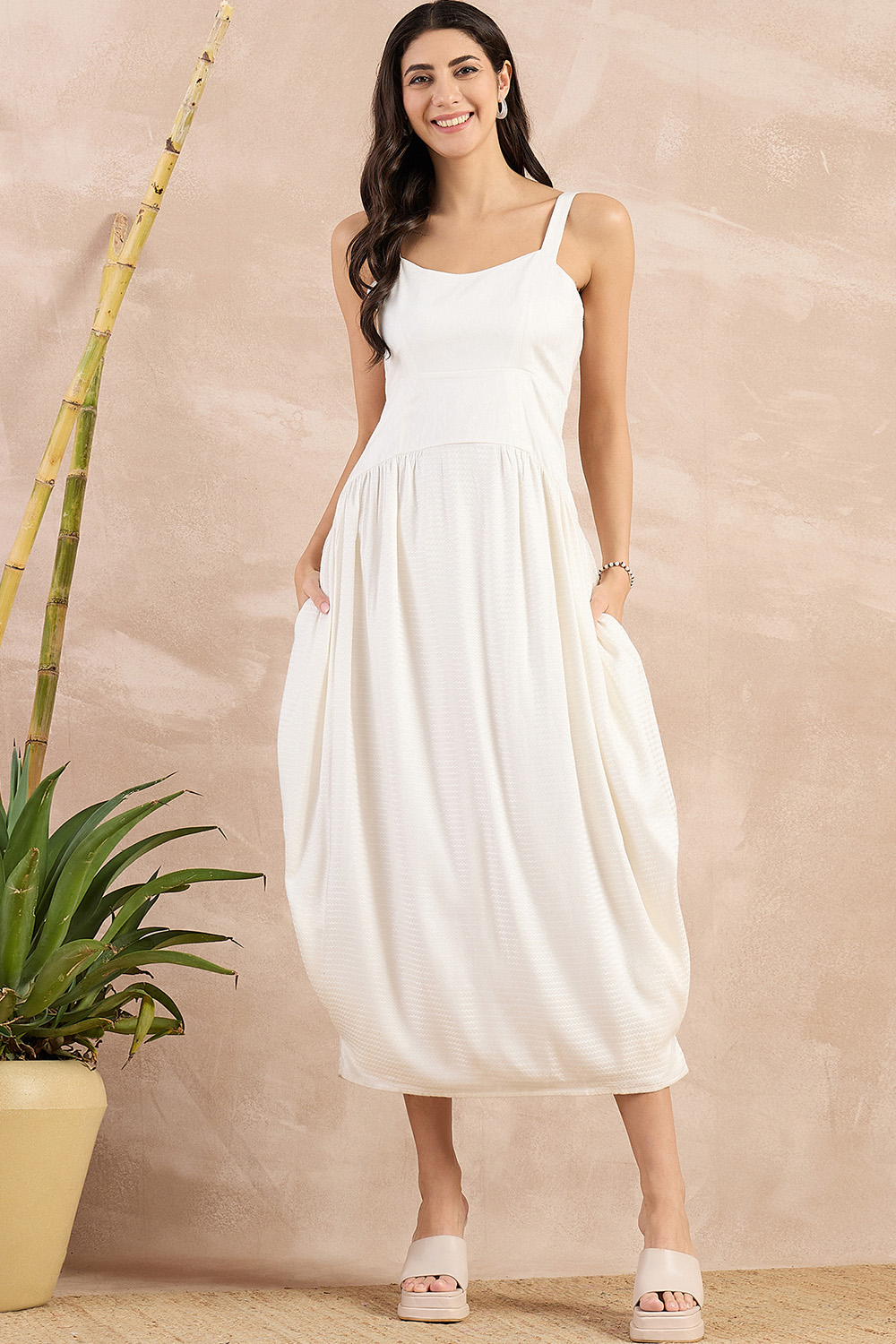 Off-White Herringbone Mid Length Dress