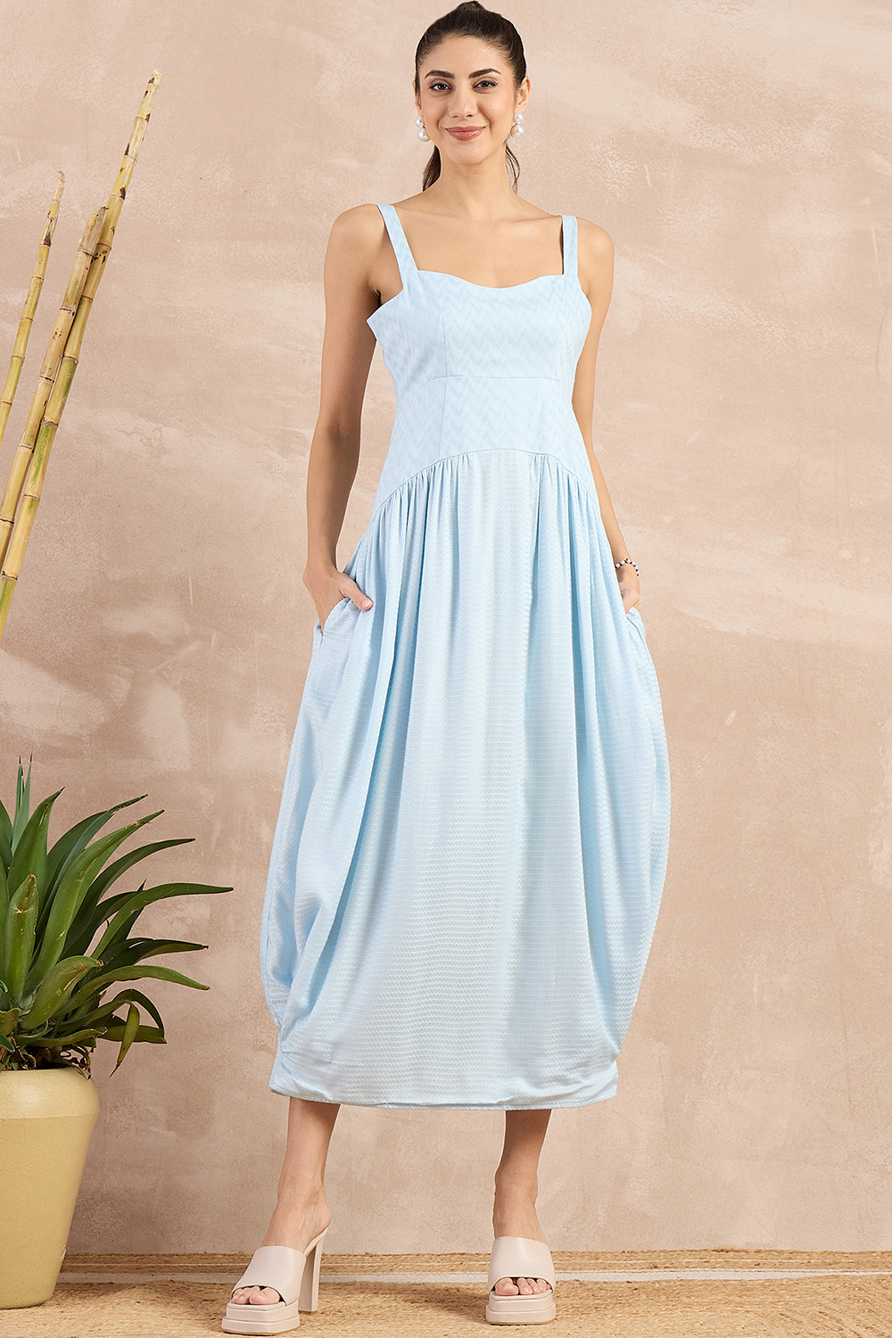 Sky Blue Herringbone Mid Length Dress