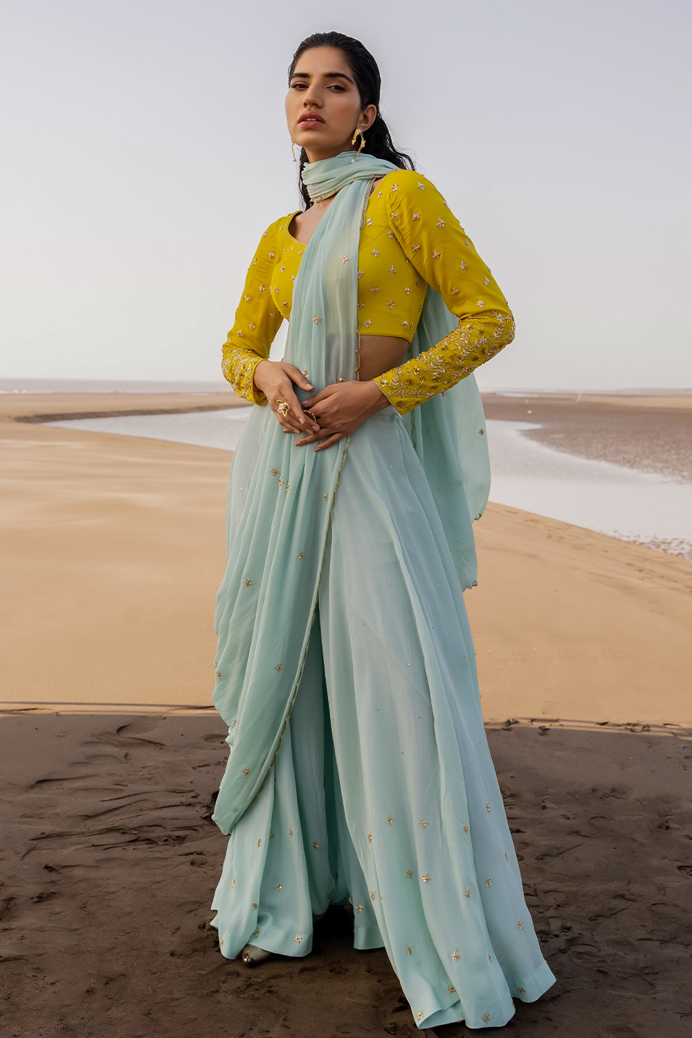 Mint Blue Embroidered Saree With Blouse