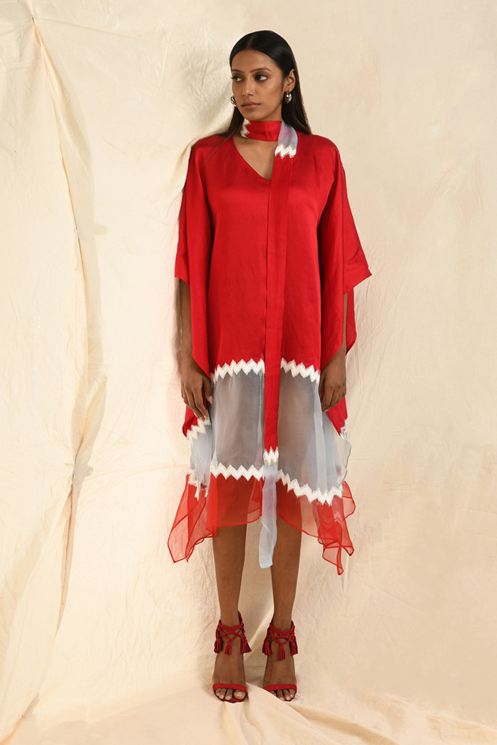 Red  Colour Blocked Embroidered Kaftan