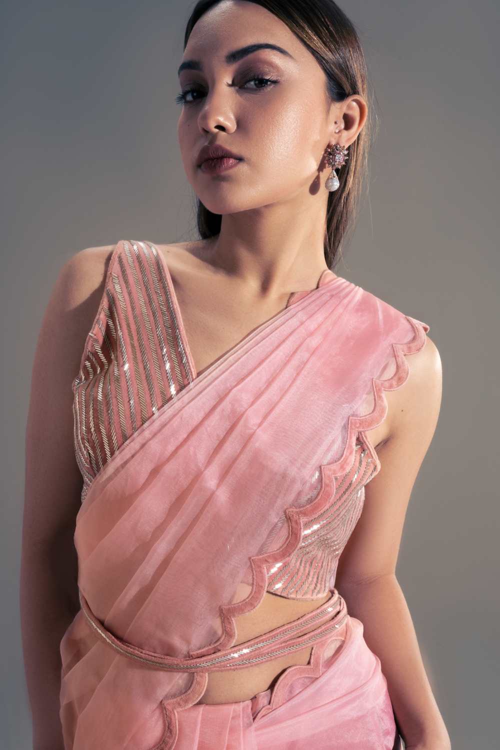 Light Pink Embroidered Blouse And Saree Set