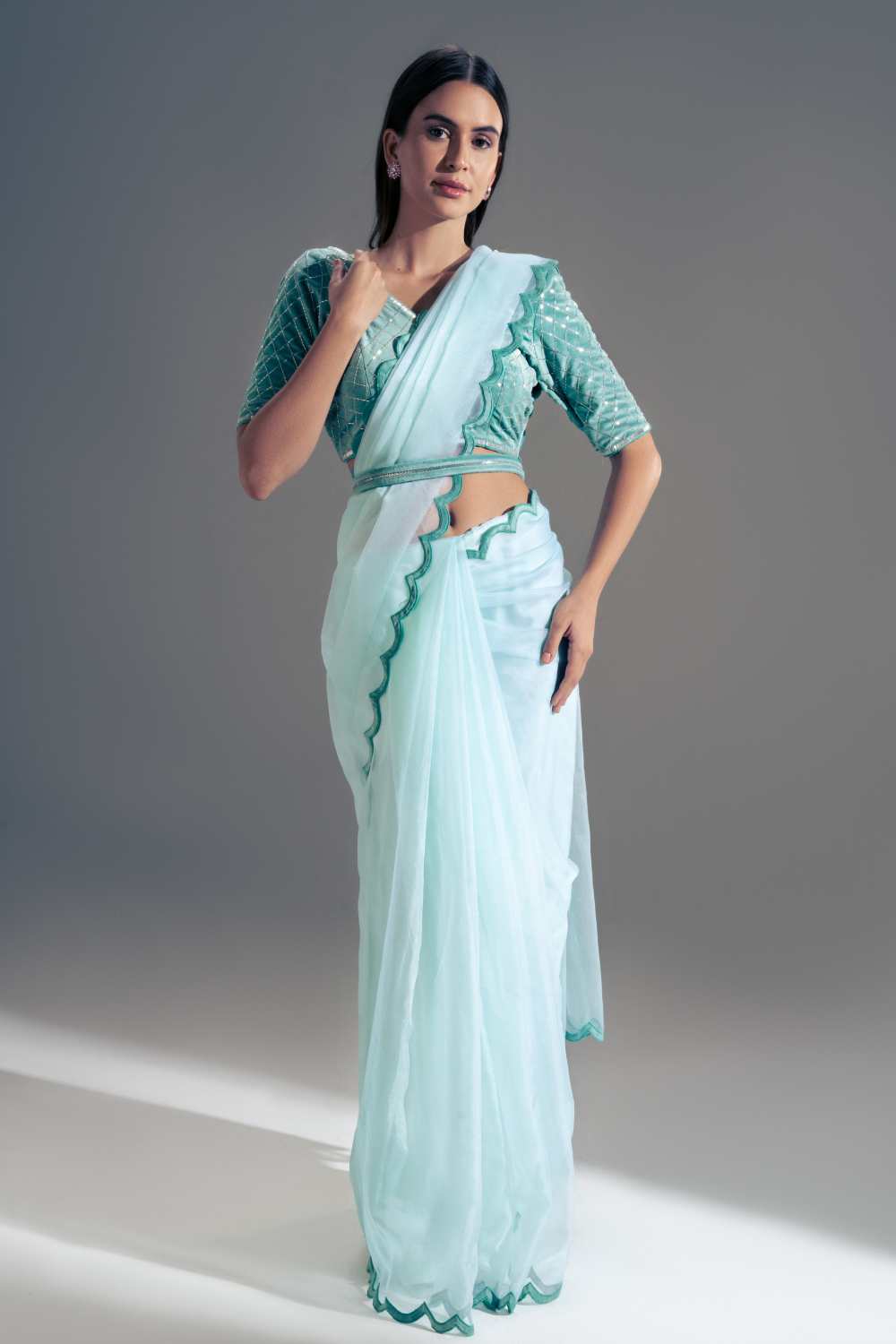 Powder Blue Embroidered Blouse And Saree Set