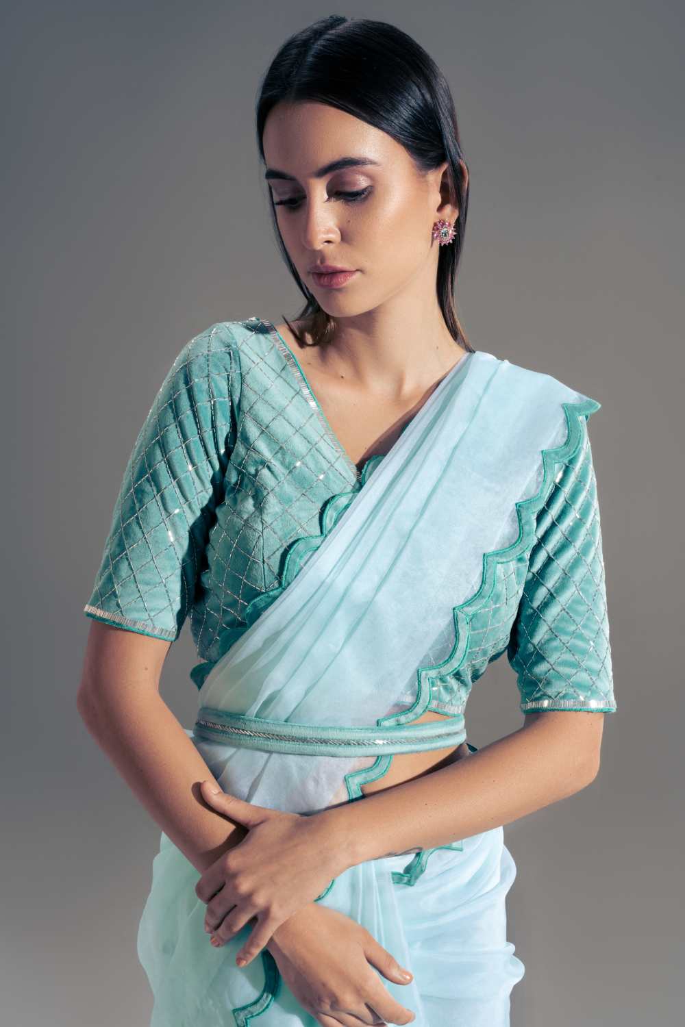 Powder Blue Embroidered Blouse And Saree Set