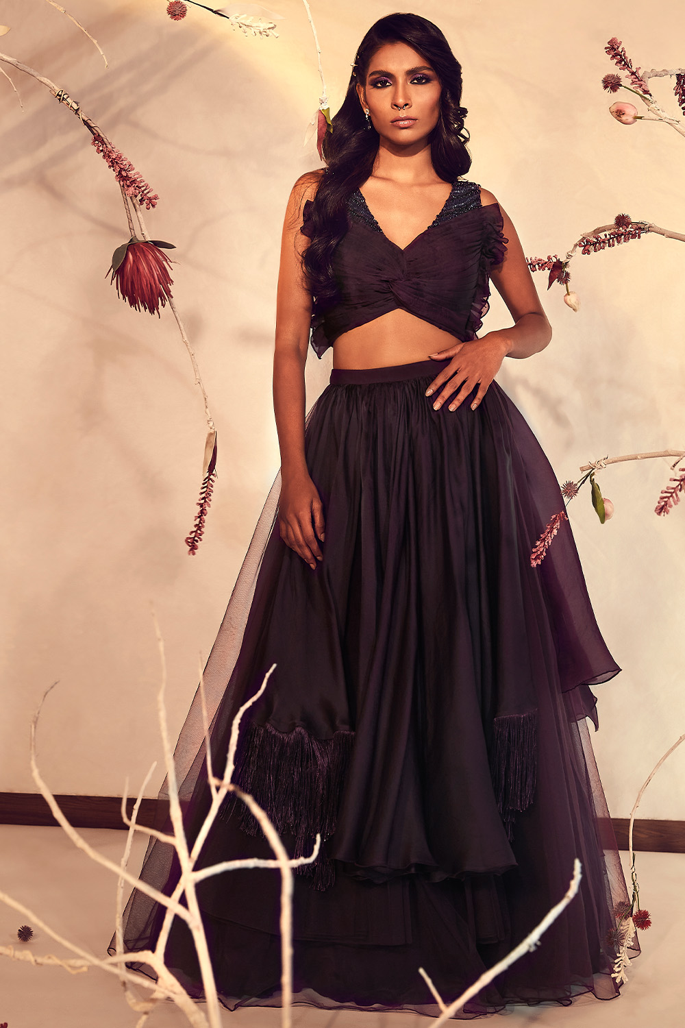 Wine Knotted Top And Lehenga