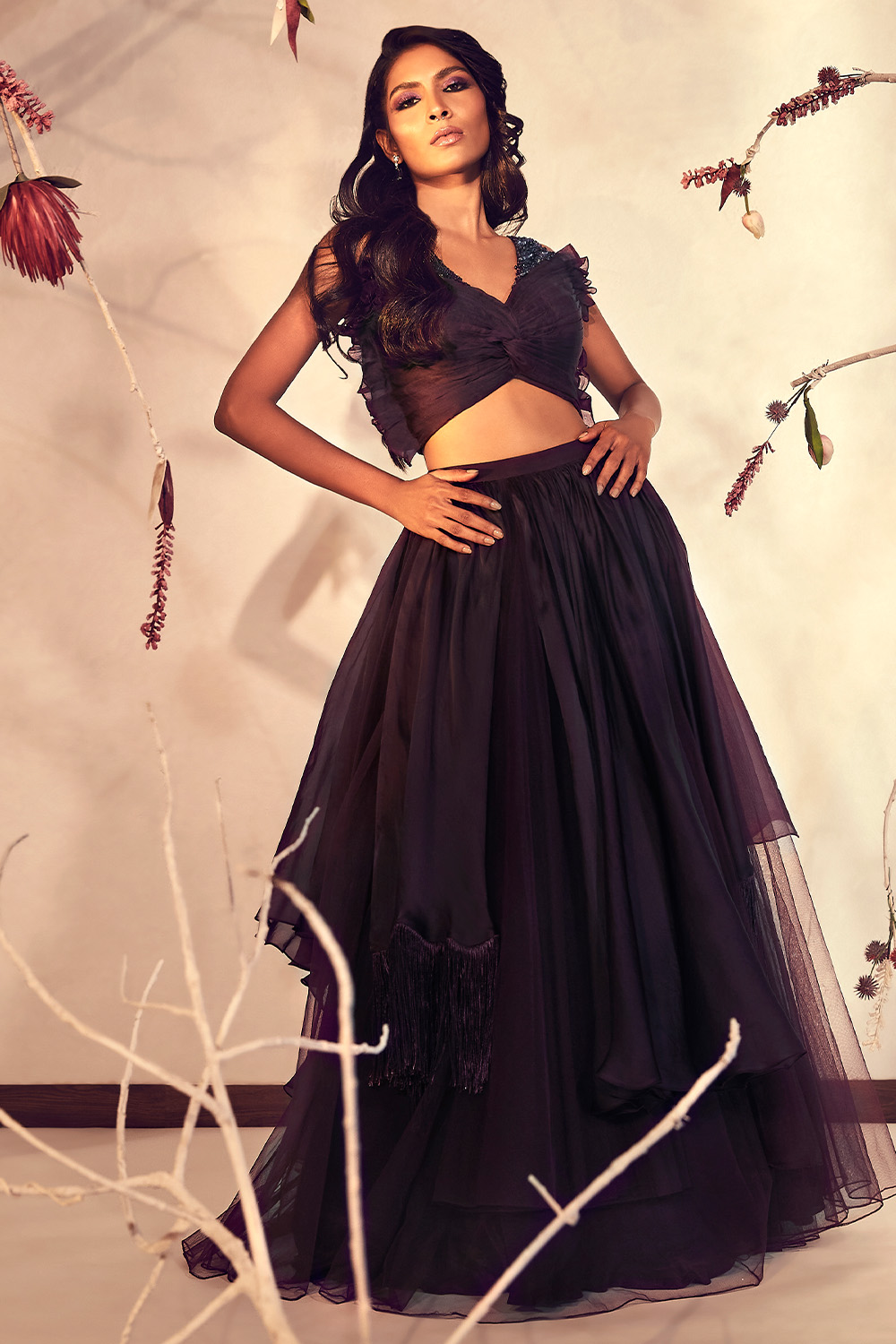 Wine Knotted Top And Lehenga