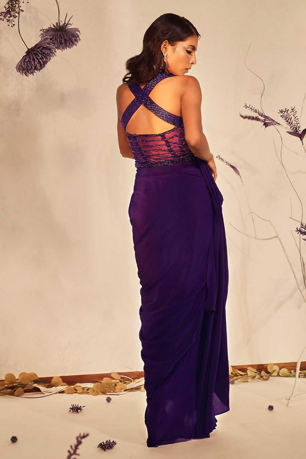 Purple Pre-Draped Saree
