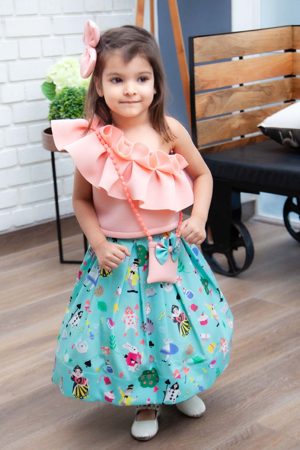 Pink Lycra Top With Aqua Printed Skirt
