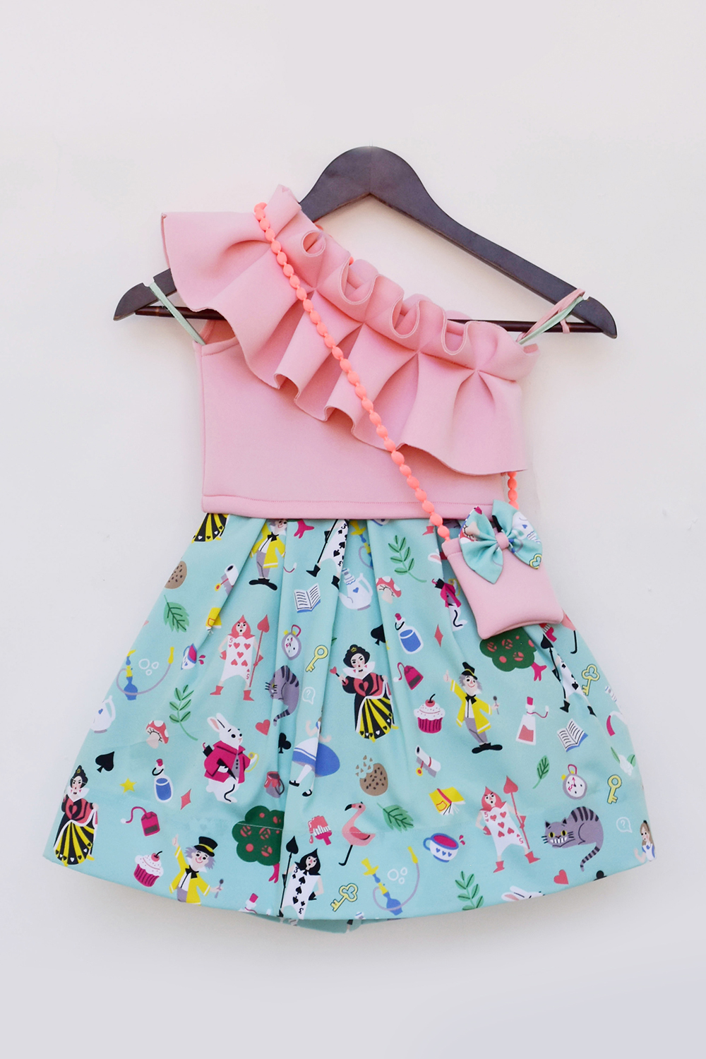 Pink Lycra Top With Aqua Printed Skirt