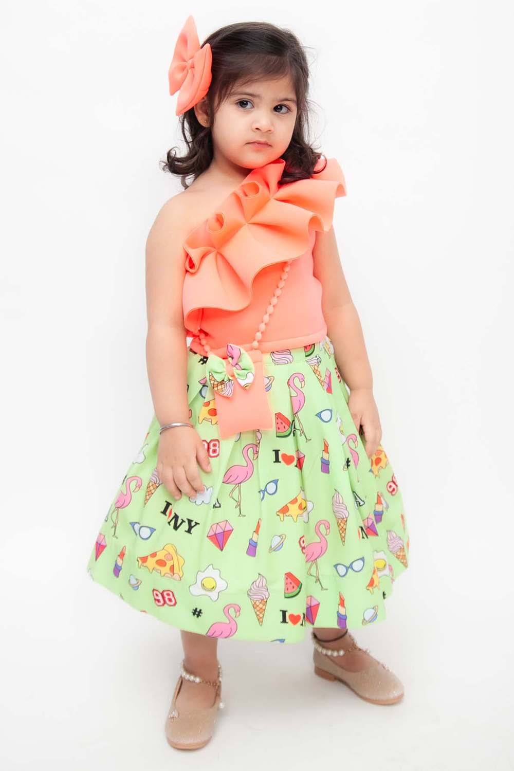 Peach Lycra Top With Green Printed Skirt