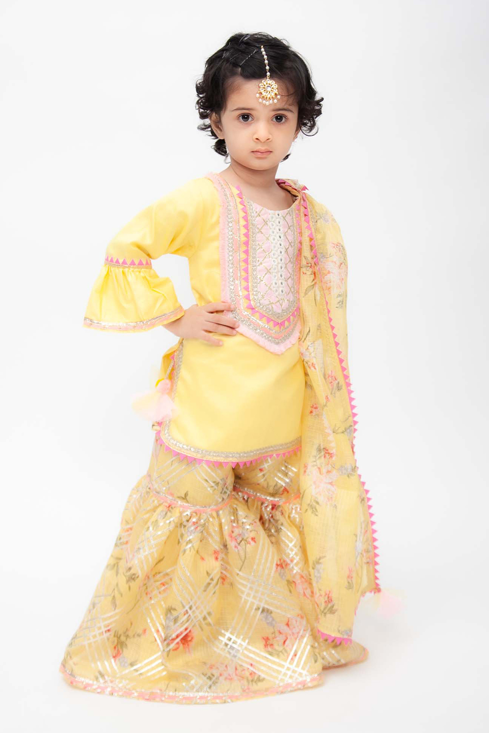 Yellow Kurta With Pink Kotta Print Fabric Sharara And Dupatta Set