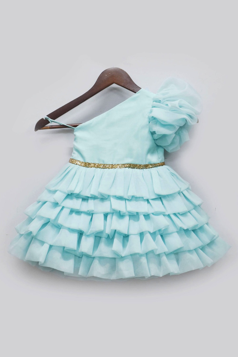 Blue Organza One Off Shoulder Style Frock