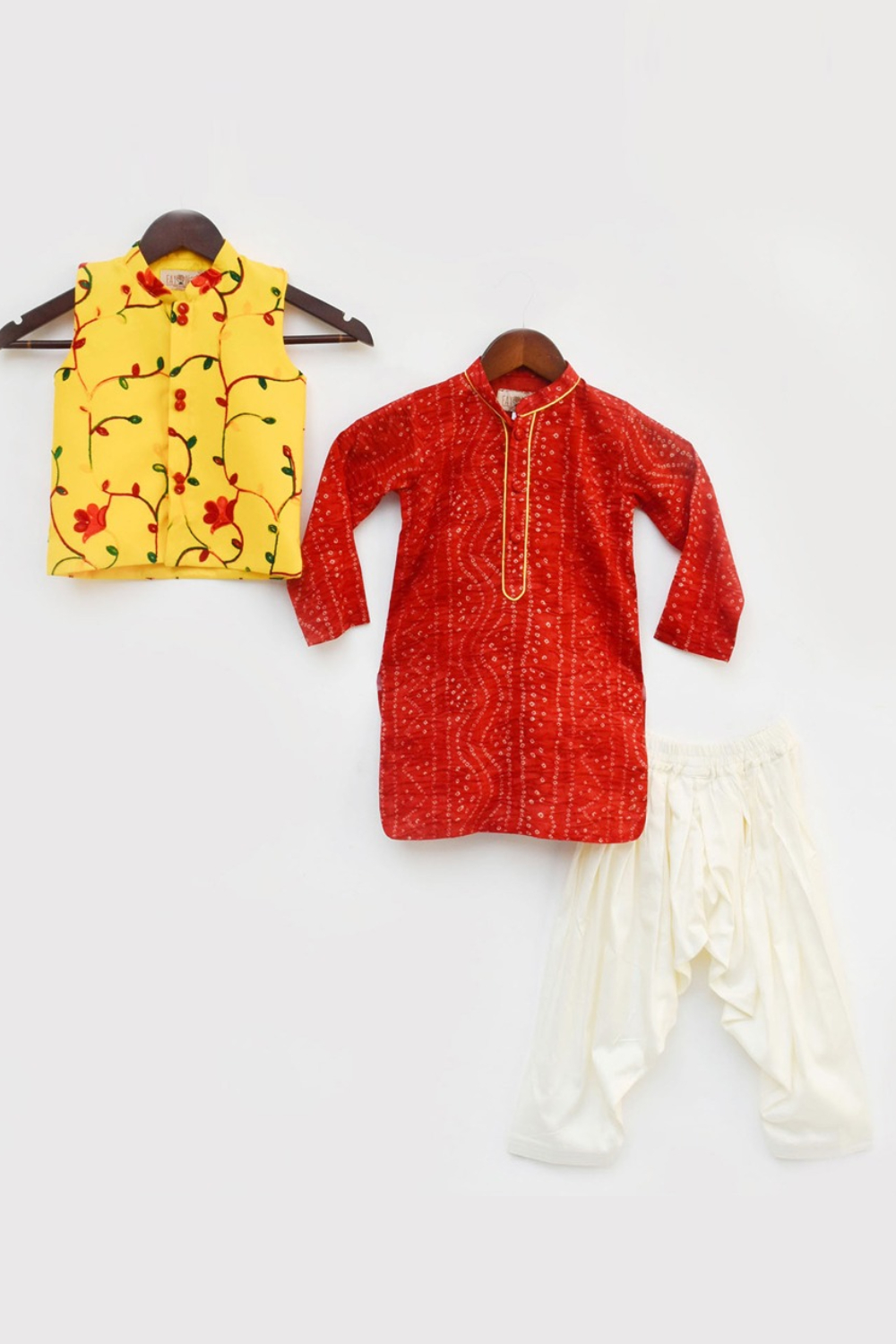Red Bandhej Kurta With Yellow Embroidery Jacket And Salwar