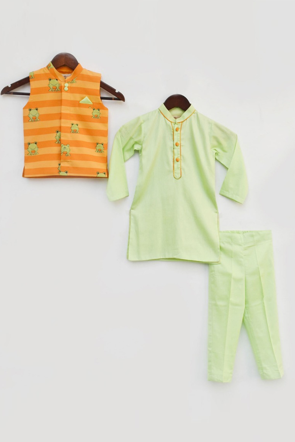 Green Kurta Pant With Orange Stripe Print Jacket