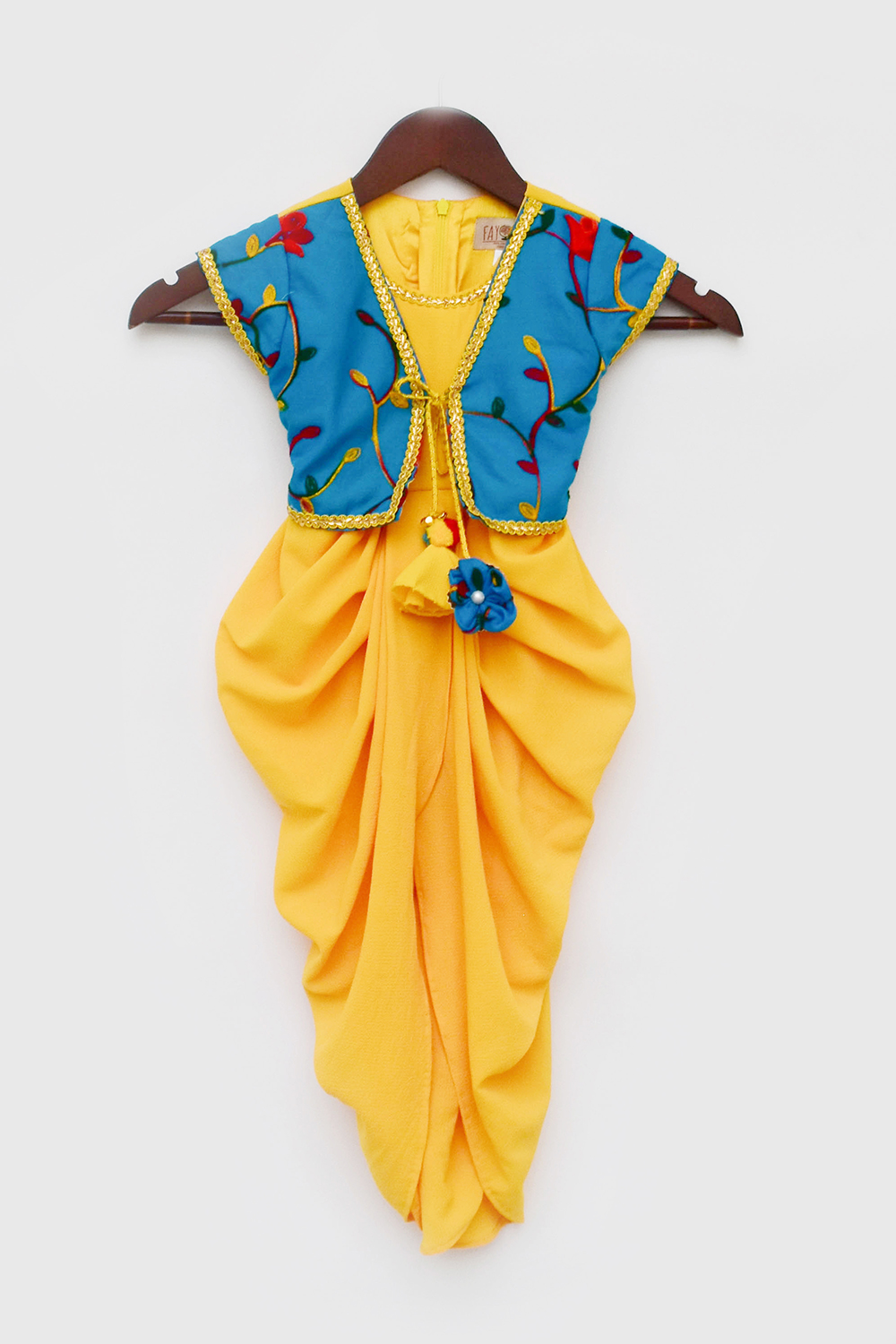 Yellow Georgette Dhoti Jumpsuit with Blue Embroidery Jacket