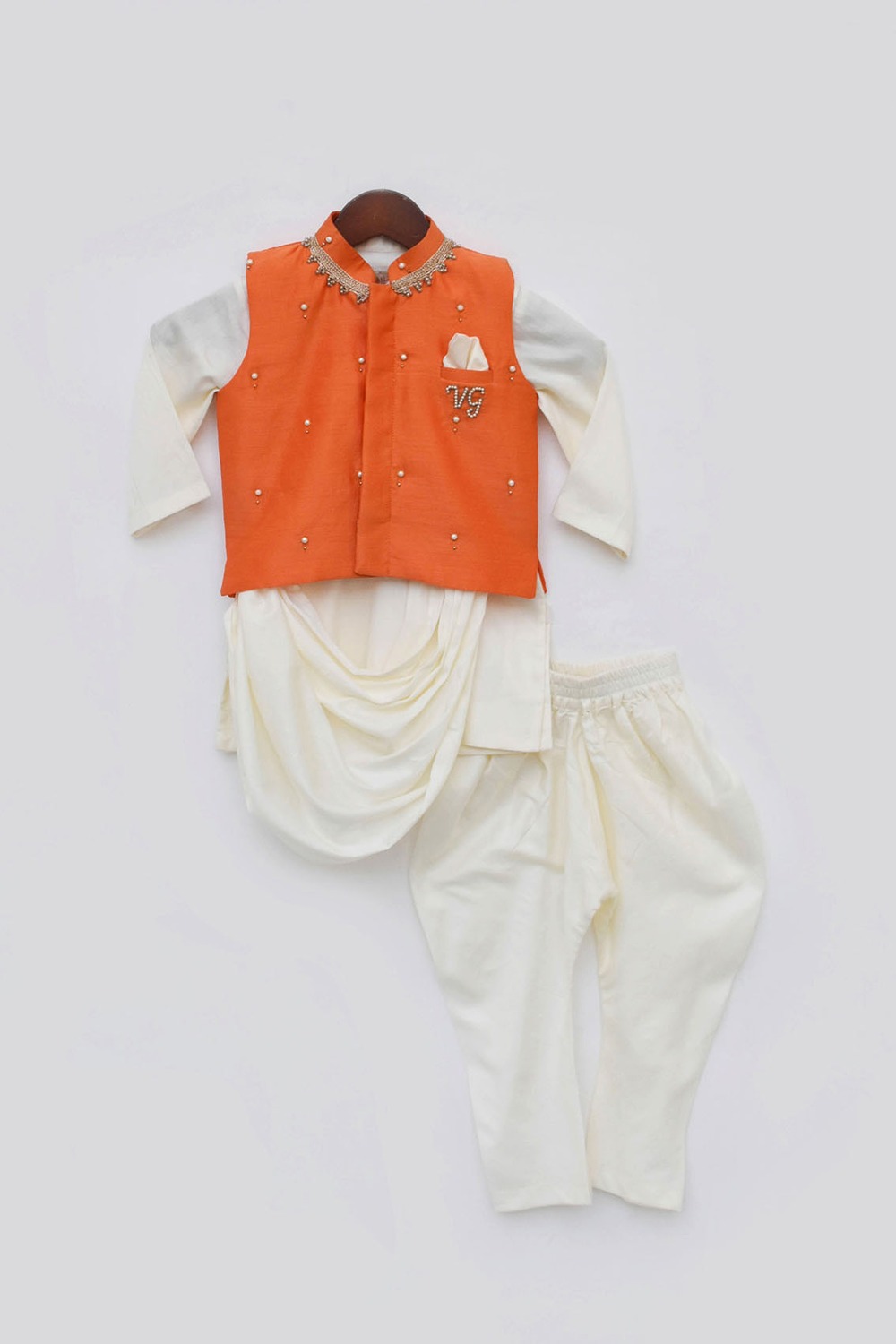 Off White Silk Cowl Kurta And Chudidar With Orange Jacket