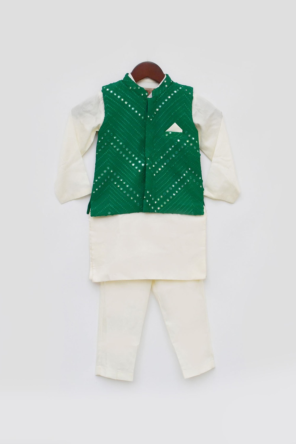 Green Mirror Embroidery Jacket With Cotton Silk Kurta And Pant