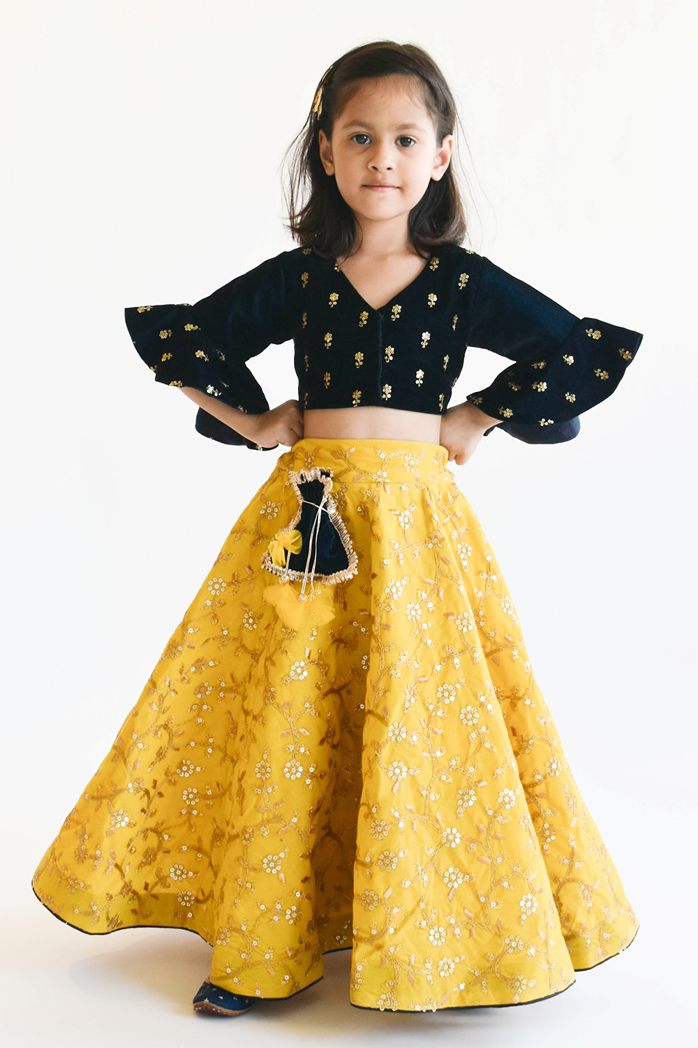 Blue Velvet Crop Top with Yellow Embroidery Lehenga - Curious Village