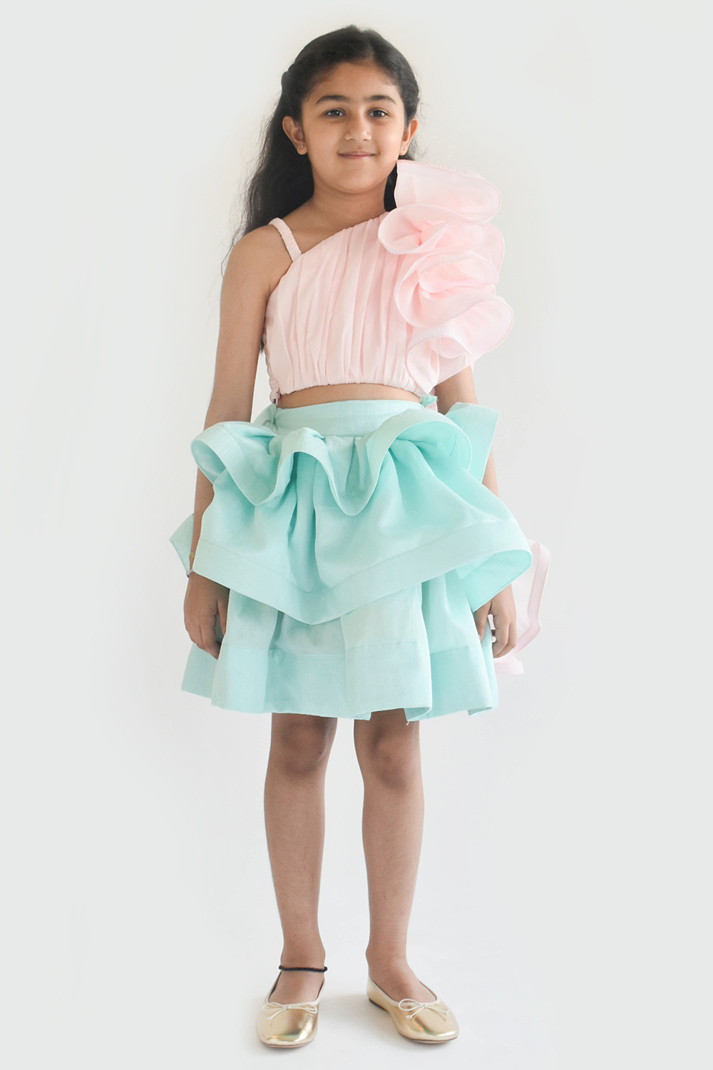 Pink Top and Aqua Blue Layers Skirt