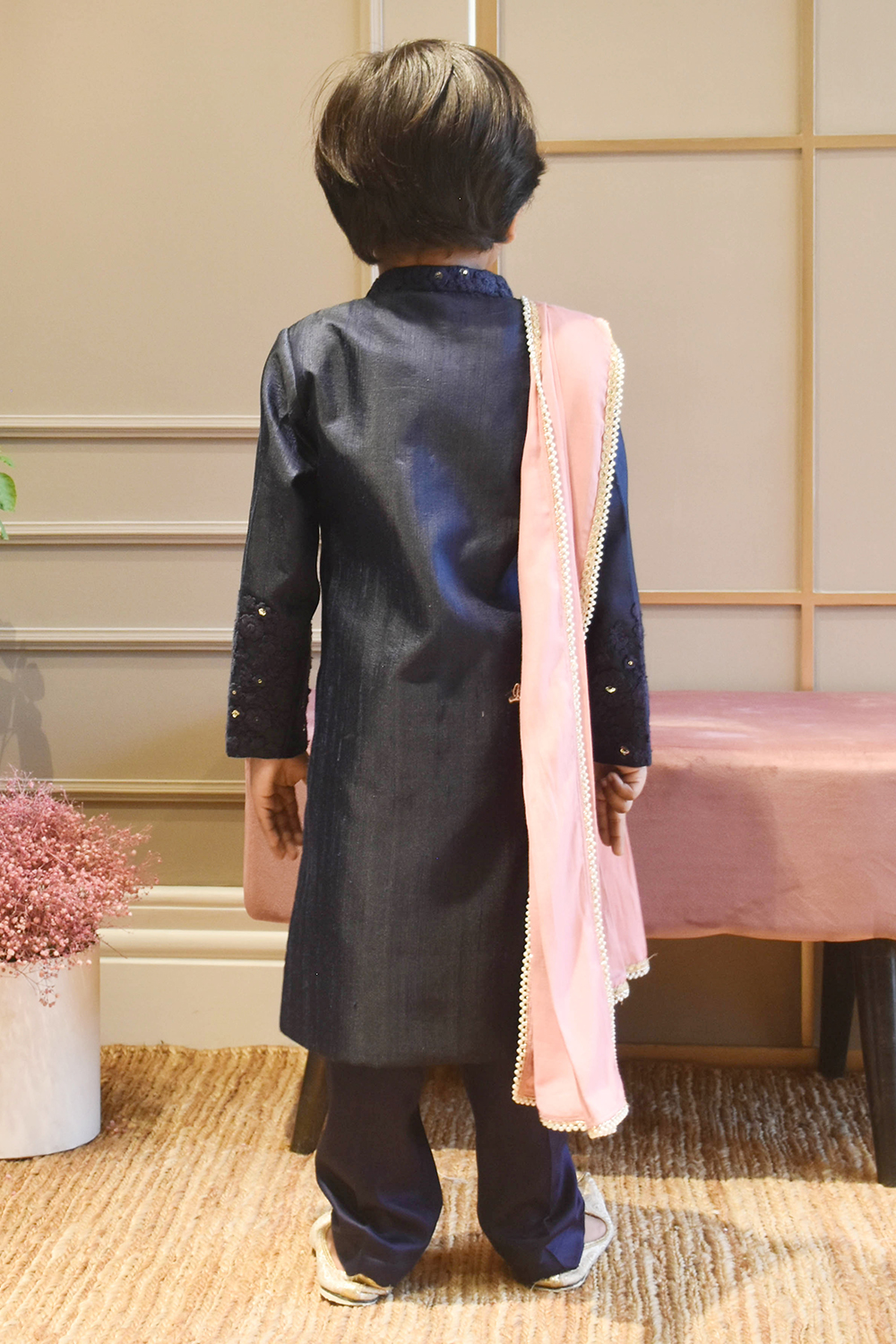 Blue Silk Ajkan with Pant and Pink Stole