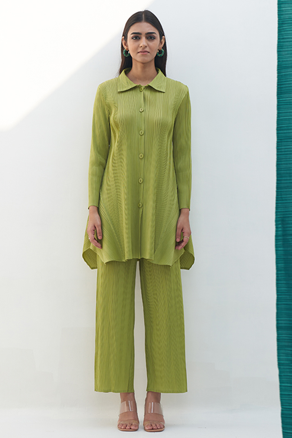 PLEATS BY ARUNI presents Limegreen French Pleated Coord Set exclusively at  FEI