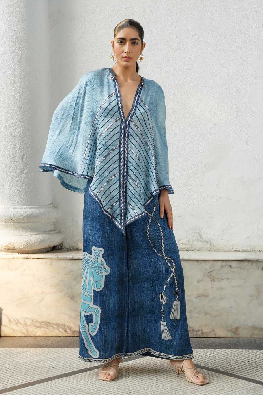 KAMAALI PRET presents Blue Bamberg Satin Cape Pant Set exclusively at FEI