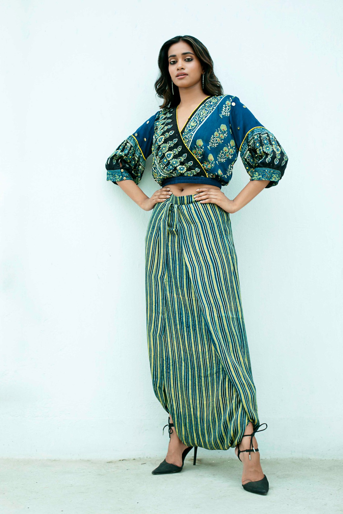 Ajrakh Indigo Blue Overlap Crop Top With Dhoti Skirt 