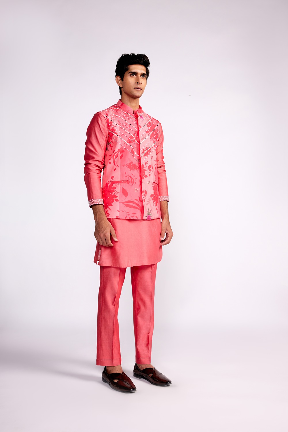 Pink printed and embroidered  Nehru jacket set
