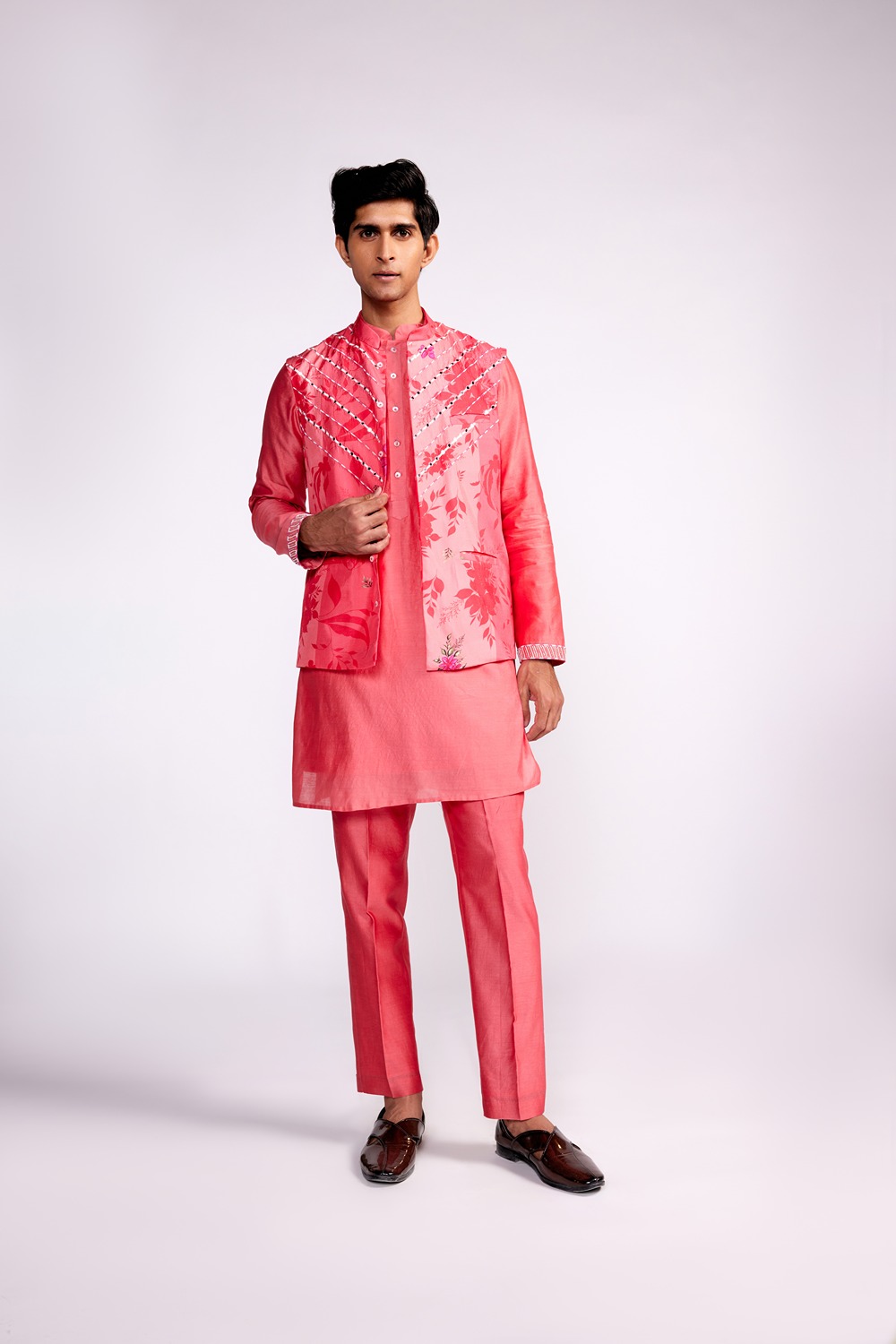 Pink printed and embroidered silk Nehru jacket