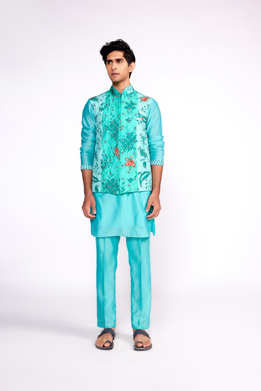 Aqua green embroidered silk Nehru jacket 