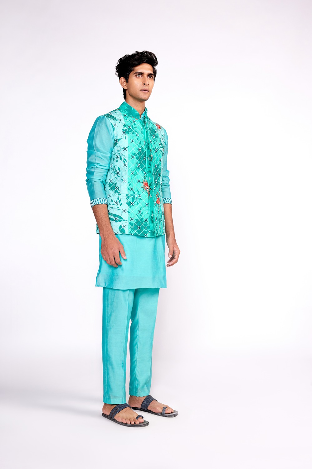 Aqua green embroidered silk Nehru jacket 