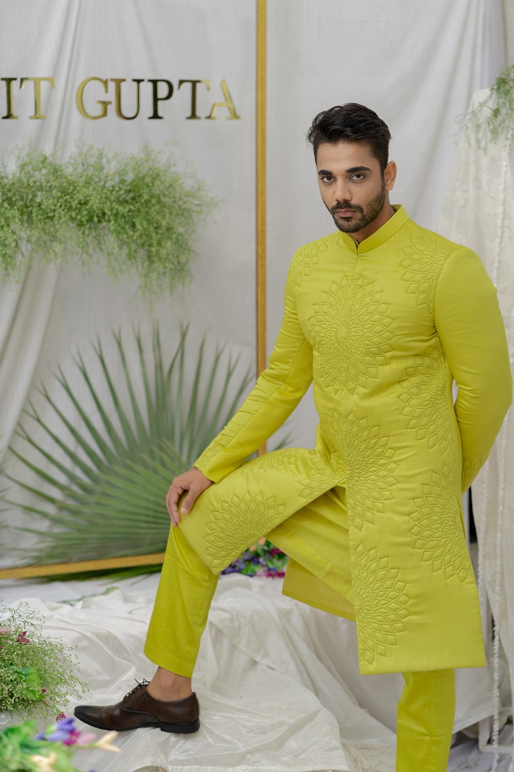 Yuvaan Fresh Green
 Quilted 
 And Embroidered
 Sherwani Set