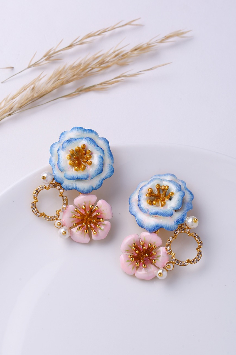 Petunia Earrings - Blue & Pink Enamelled