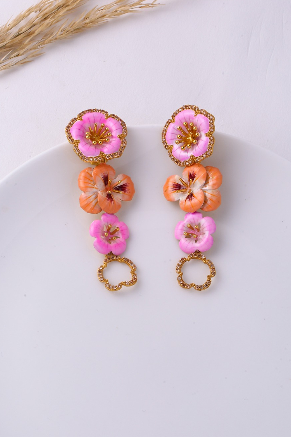 Gilded Pansy Earrings - Pink & Orange Enamelled