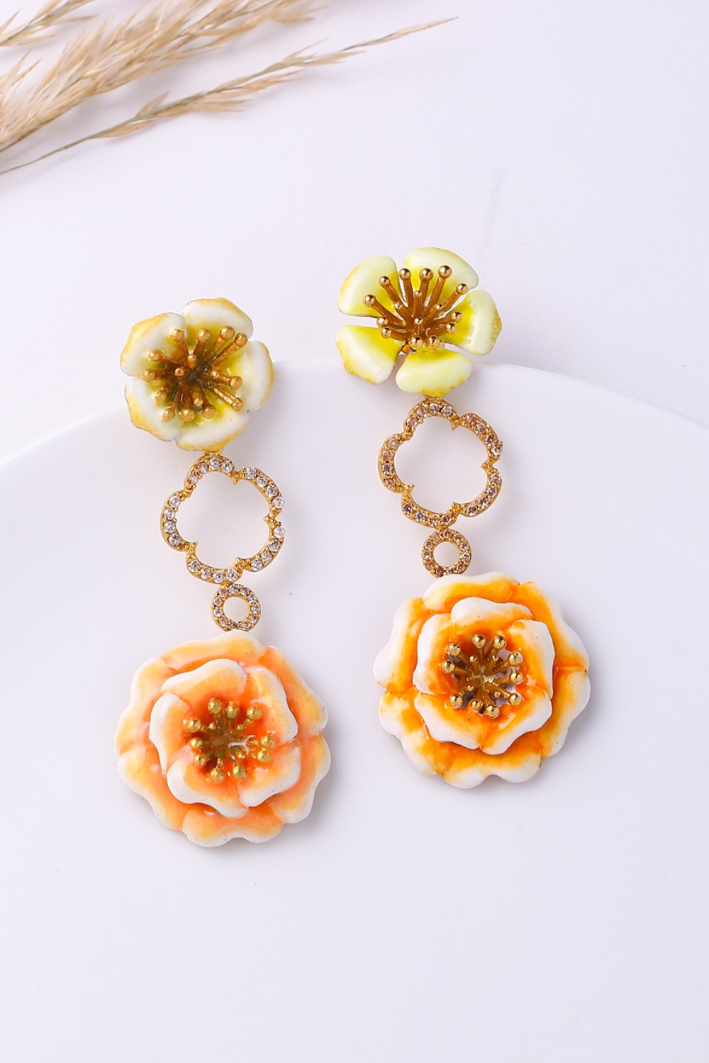 Fleurir Earrings - Orange  & Yellow Enamelled