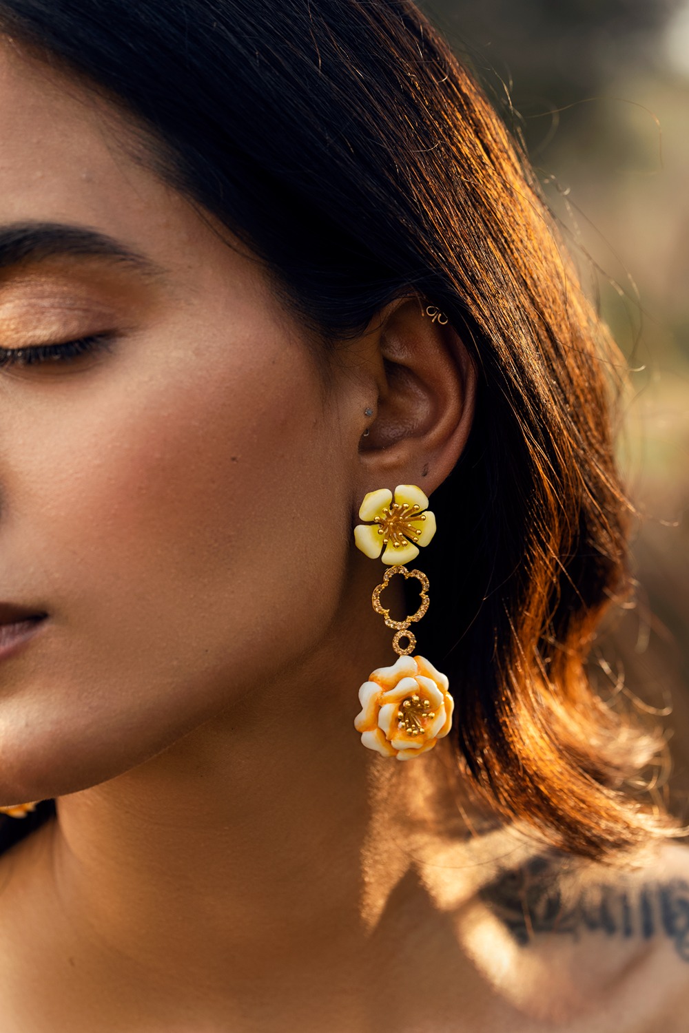 Fleurir Earrings - Orange  & Yellow Enamelled