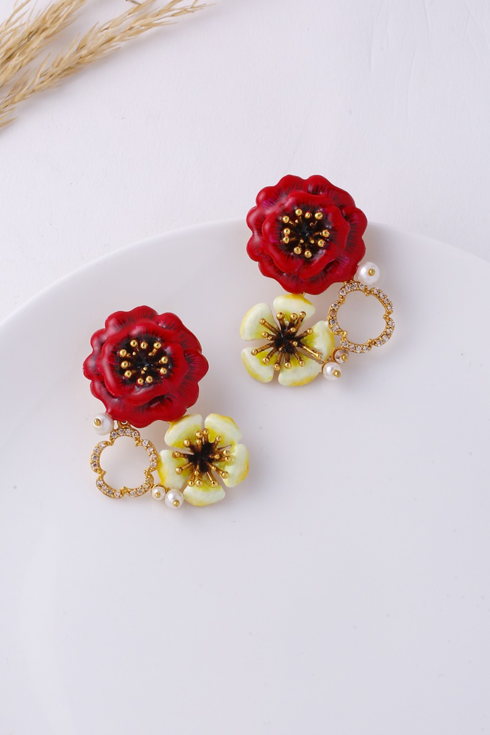 Petunia Earrings - Red & Yellow Enamelled