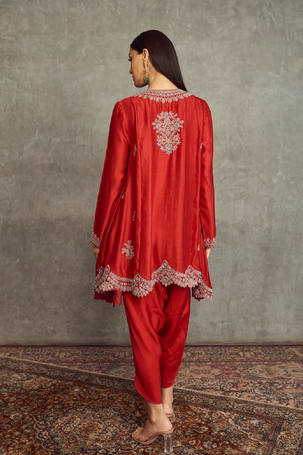 Red Embroidered Long Tunic Set