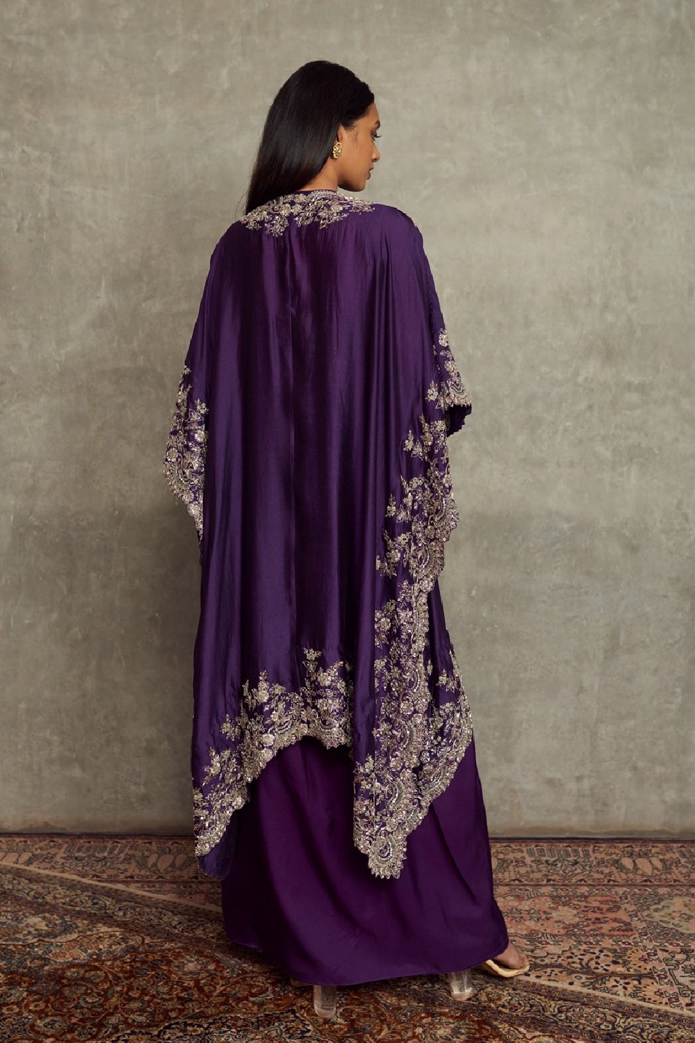 Purple Embroidered Cowl Skirt Cape Set