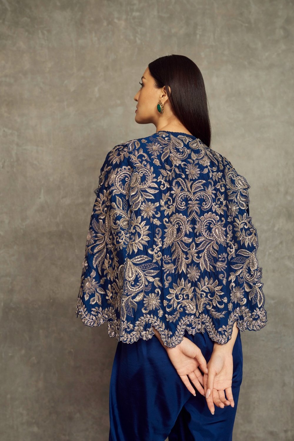 Navy Blue Embroidered Jacket And Dhoti Set