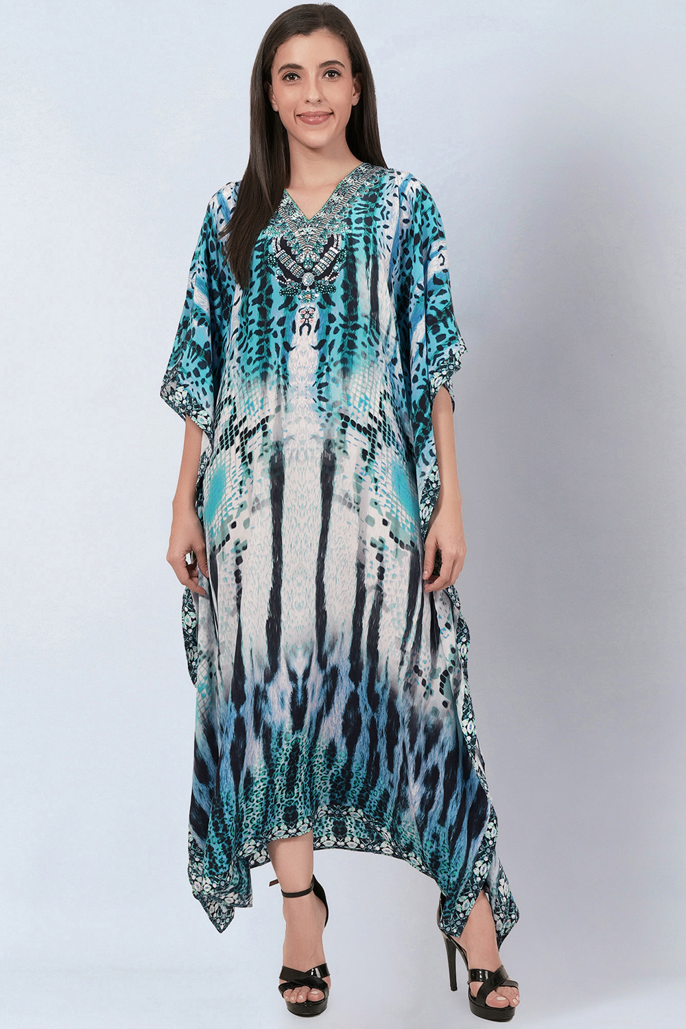 Blue And Black Animal Print Embellished Silk Full Length Kaftan
