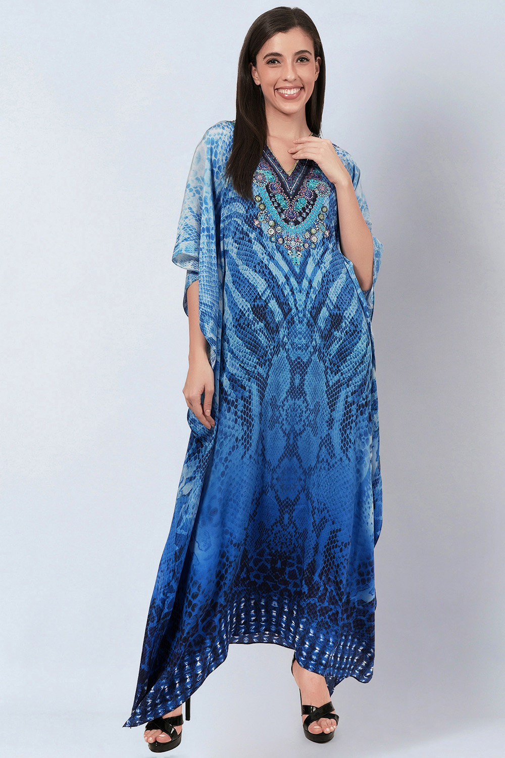 Blue Python Print Embellished Silk Full Length Kaftan