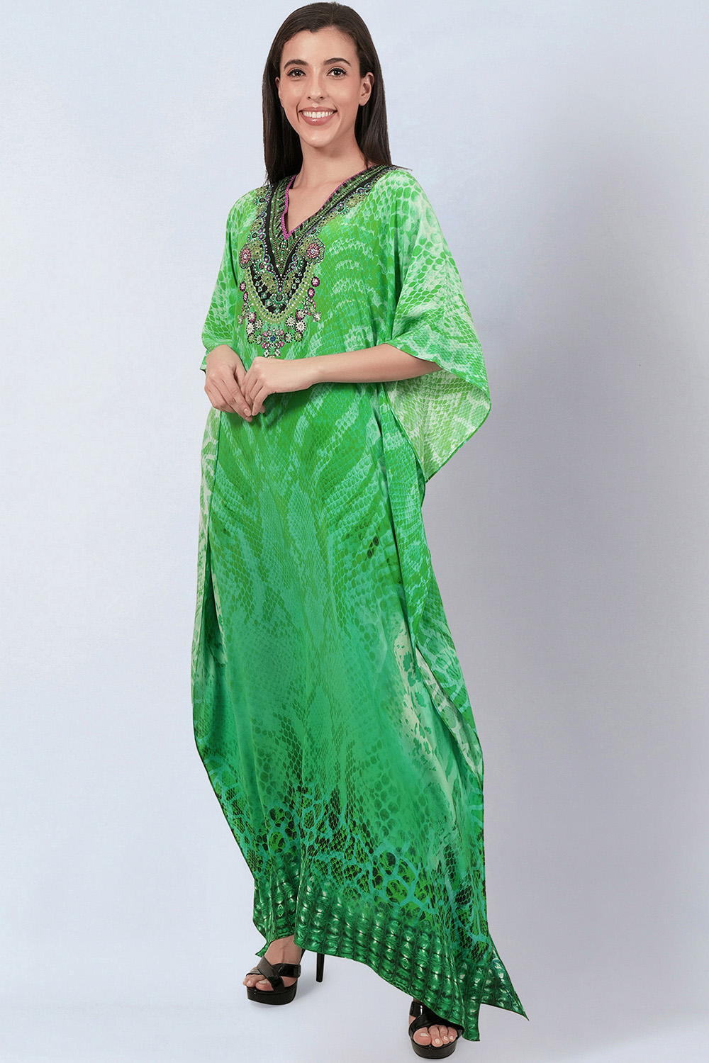 Green Python Print Embellished Silk Full Length Kaftan