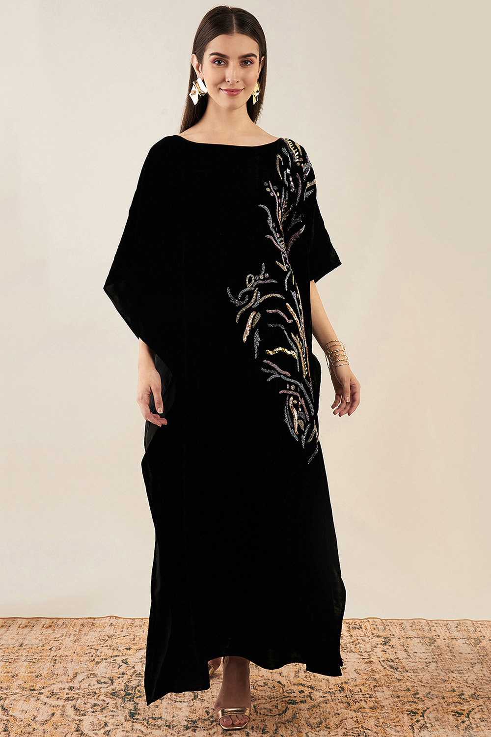Black Embroidered Silk Velvet Full Length Kaftan