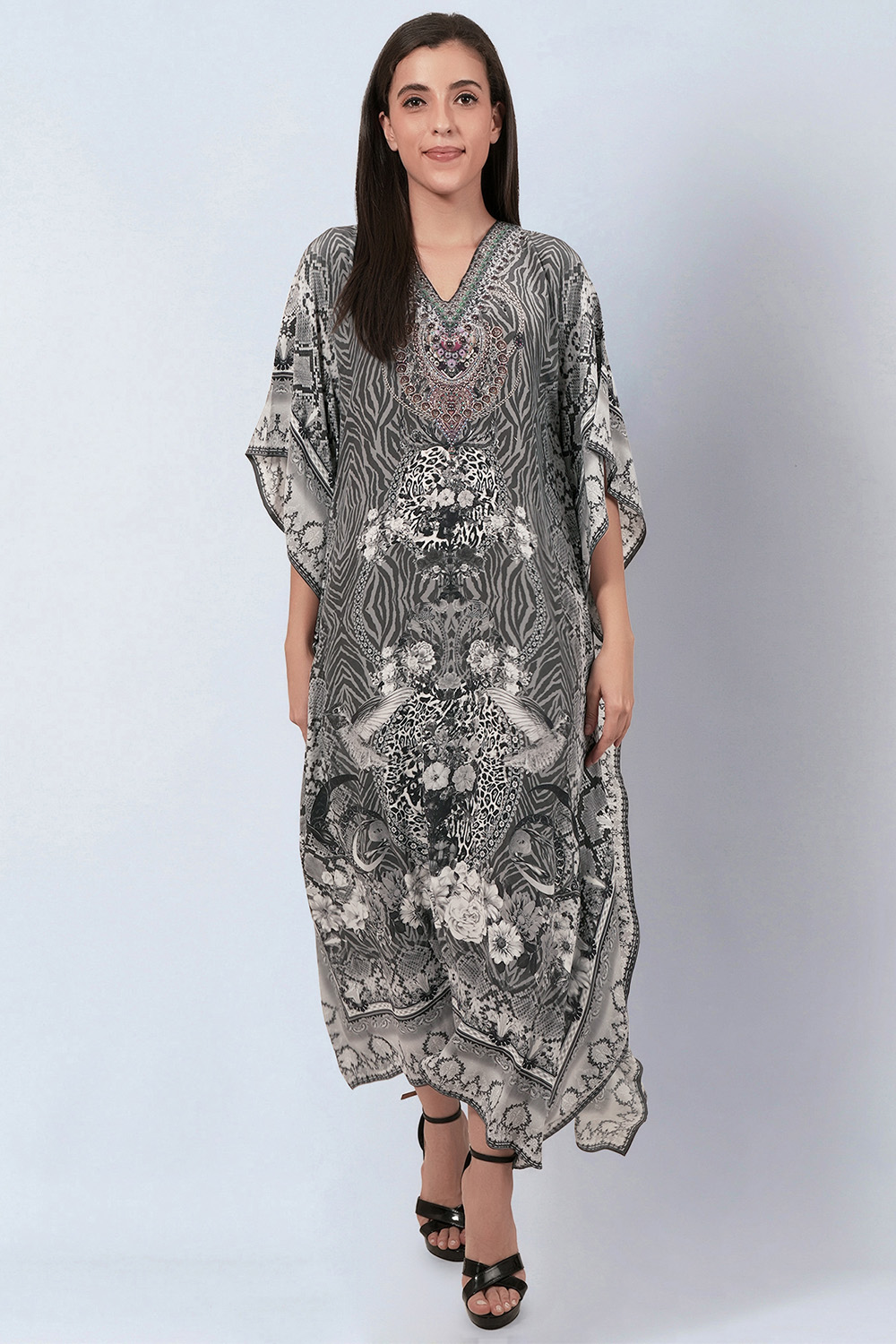 Grey Embellished Silk Full Length Kaftan