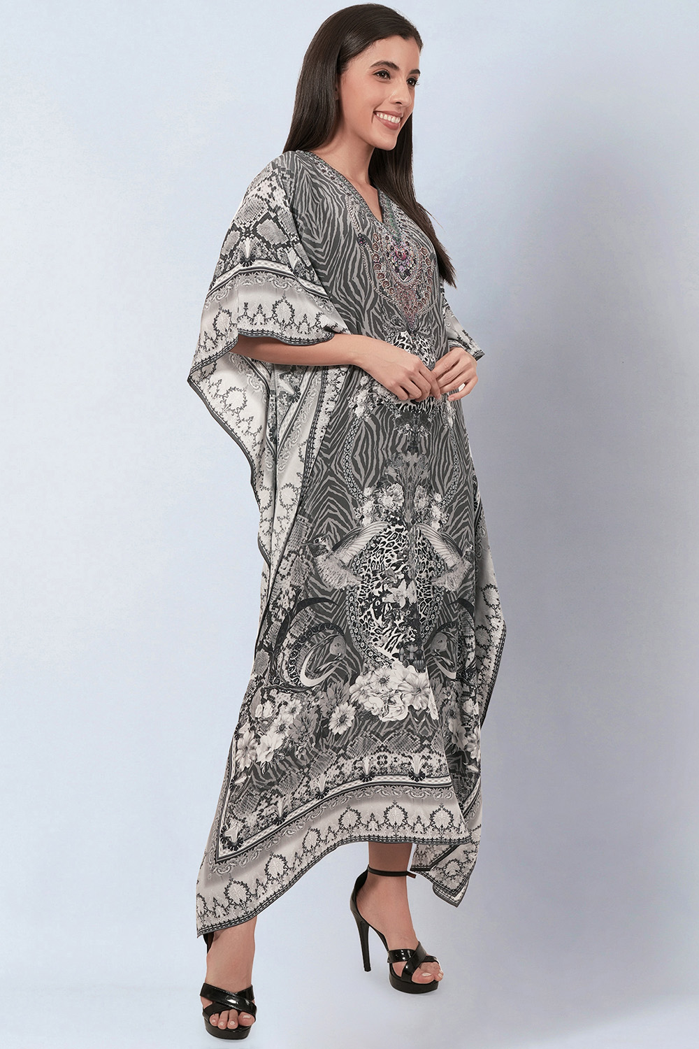 Grey Embellished Silk Full Length Kaftan