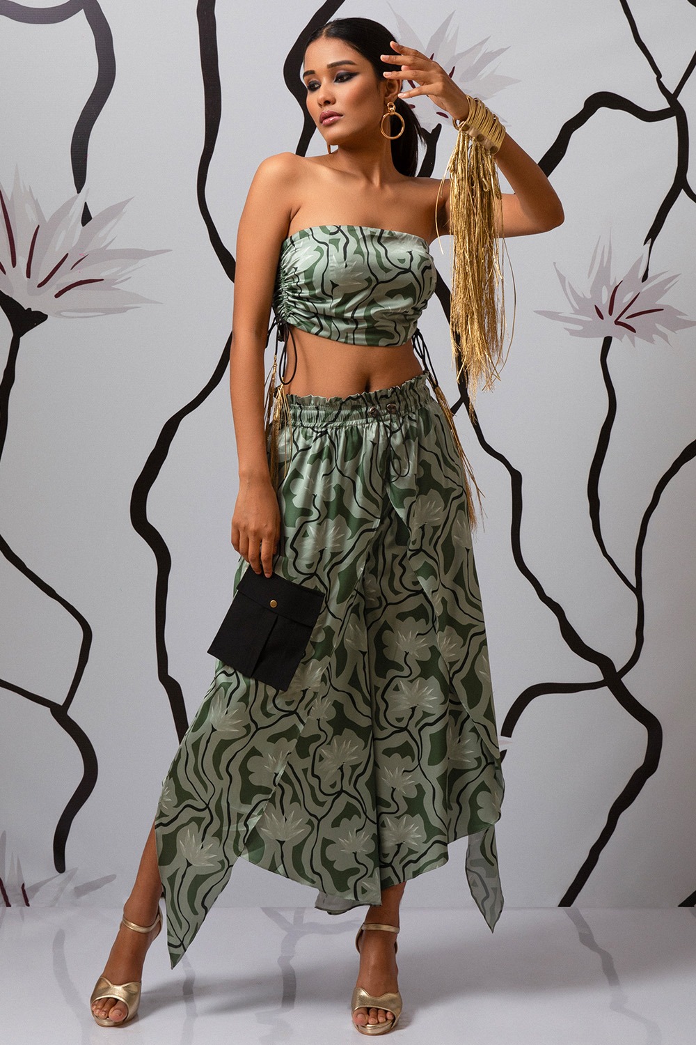 Bustier With Gold Tesseles And Smocking With Double Layer Asymmetric Pants Co-Ord Set
