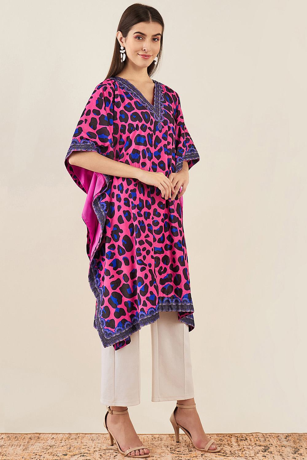 Pink And Blue Animal Print Silk Velvet Mid Length Kaftan